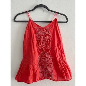 Lilka Anthropologie Coral Embroidered Cut Out Front Tie Back Peplum Tank Small